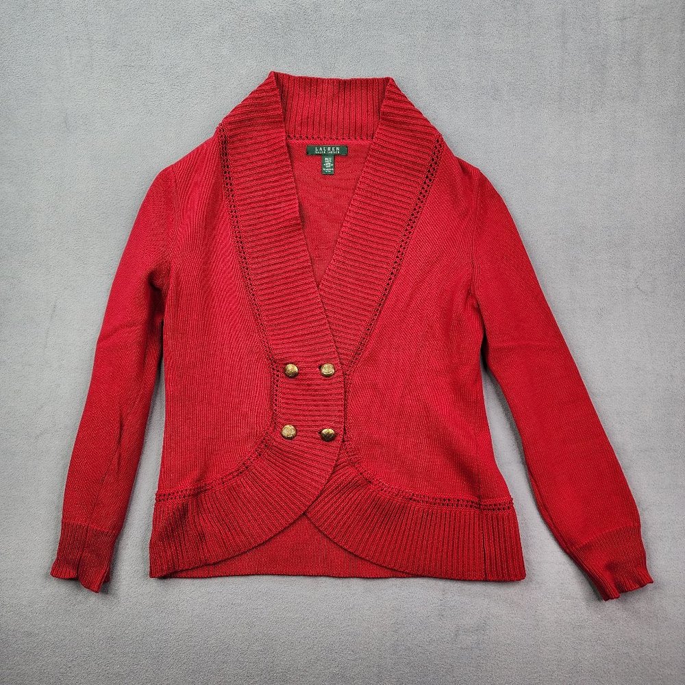 Lauren Ralph Lauren Cardigan Sweater Women's Red Medium V-Neck Long Sleeve Top